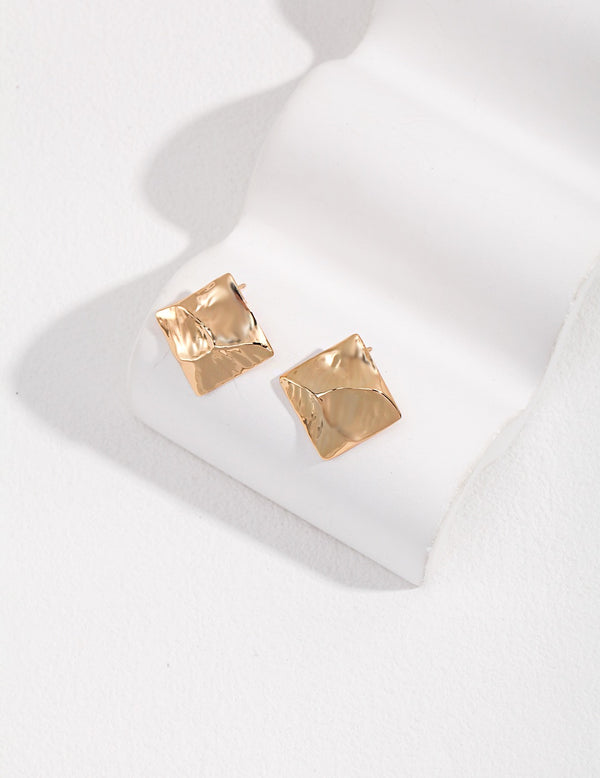 18k Gold Textured Square Ear Studs - Pearlpetual