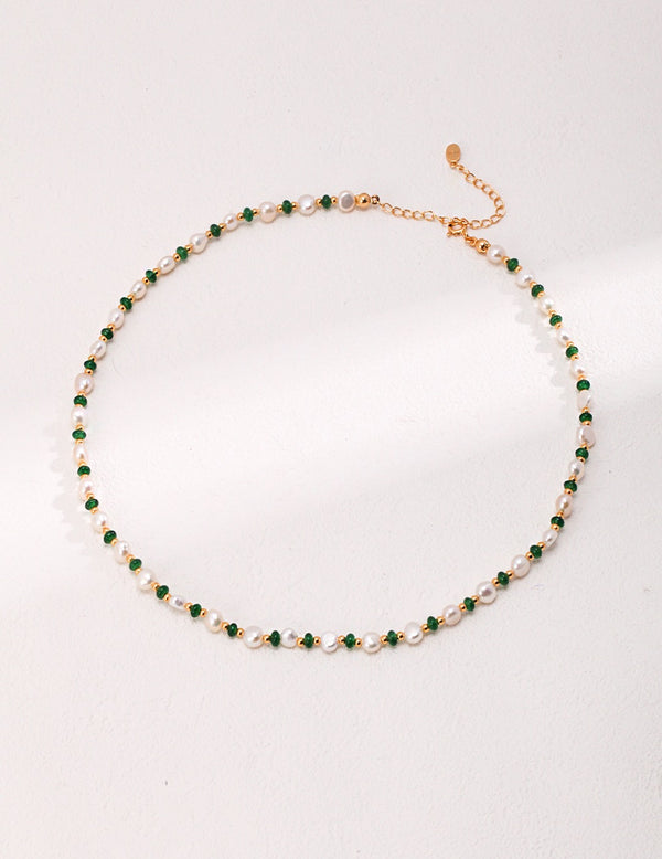 18k Gold and Emerald Glow Pearl Necklace