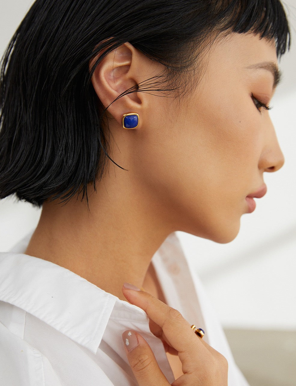 Square Lapis Ear Studs - Pearlpetual