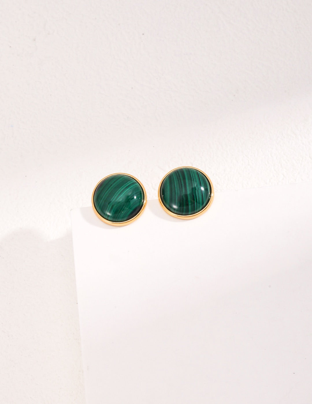 Round Malachite 18k Gold Ear Studs - Pearlpetual