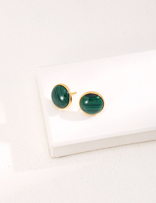 Round Malachite 18k Gold Ear Studs - Pearlpetual