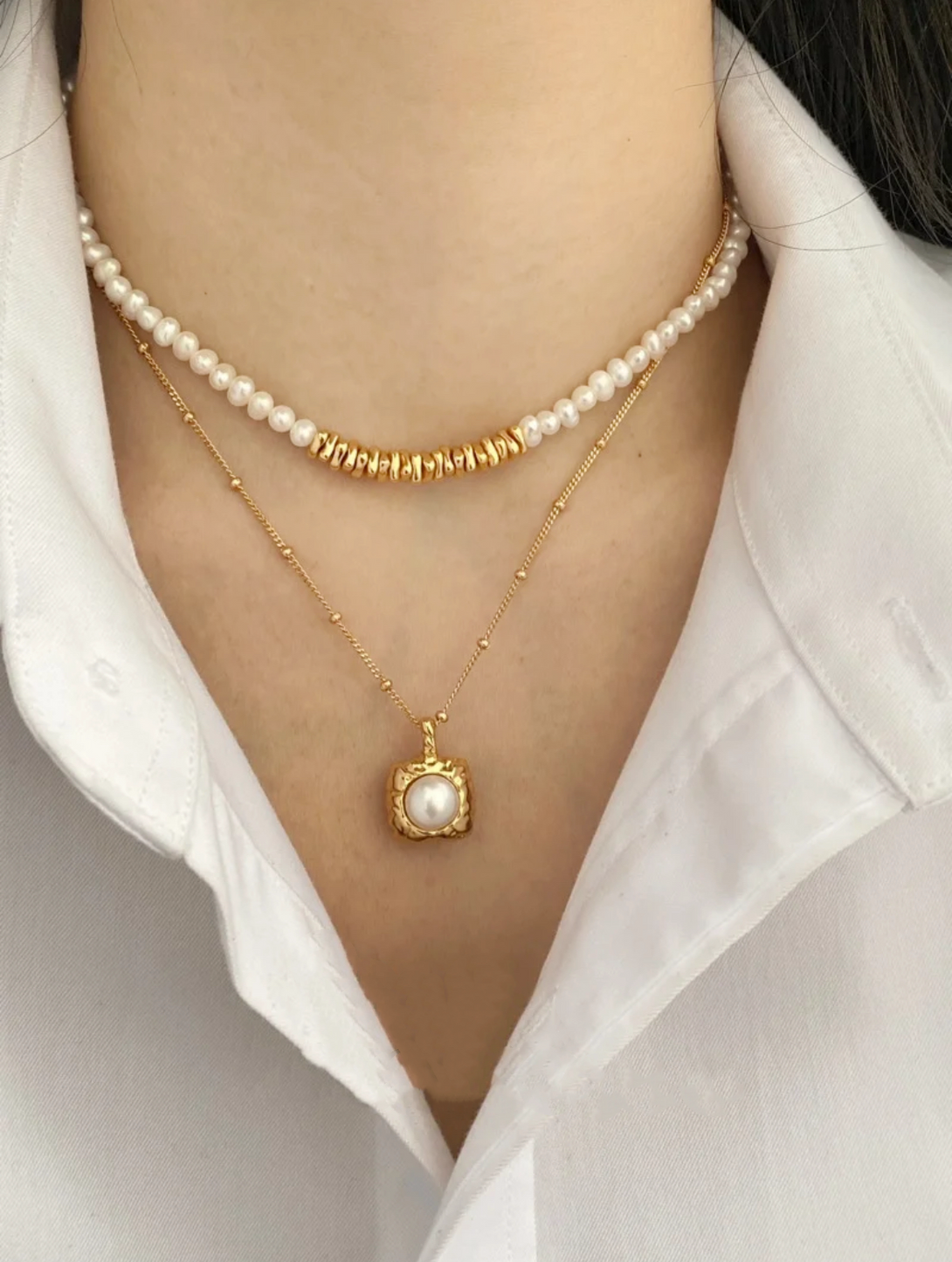 Pearlpetual Jewelry 18k Gold Amelia & Sugar Cube Pearl Necklace Set