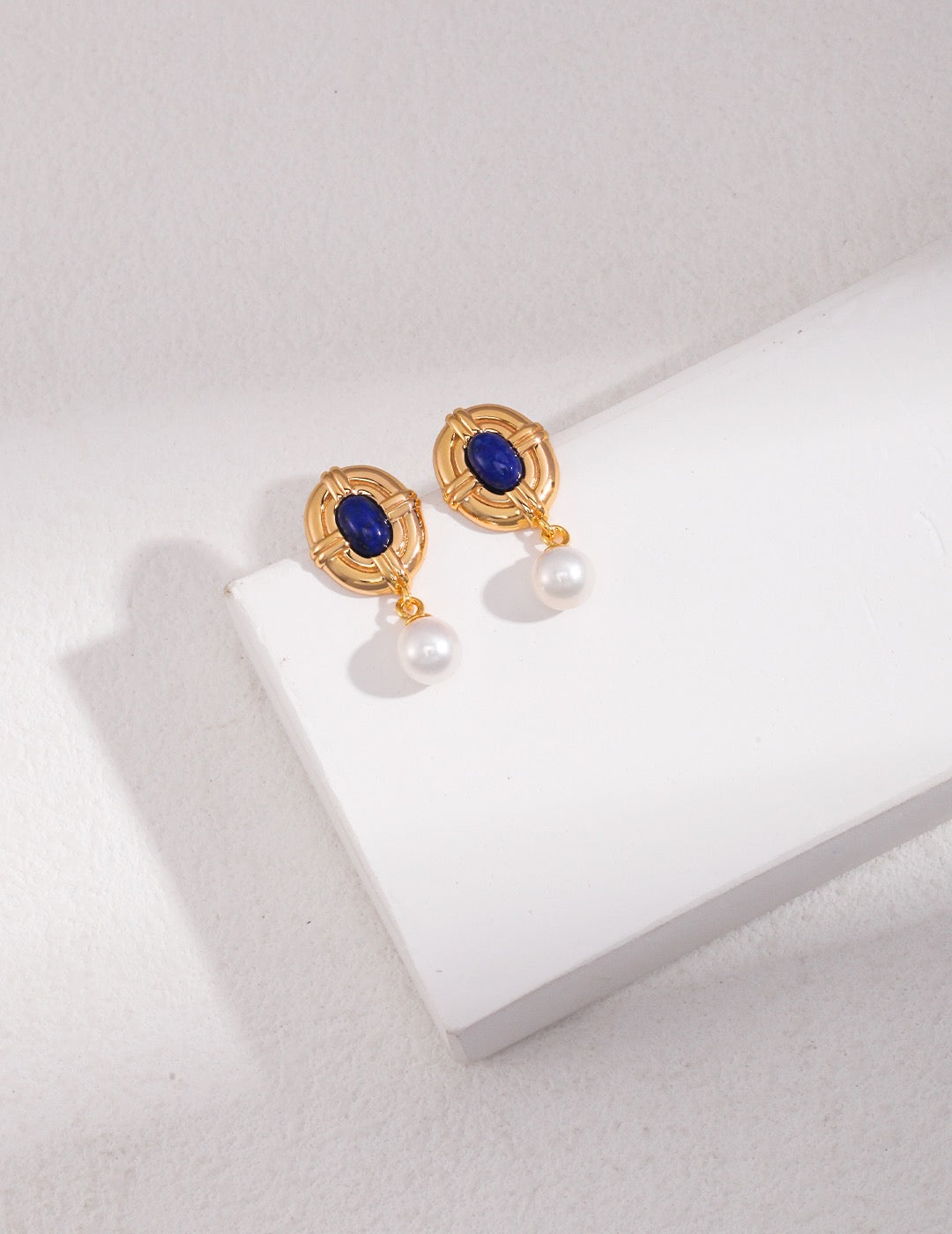 Vintage Lapis 18k Gold Pearl Earrings - Pearlpetual
