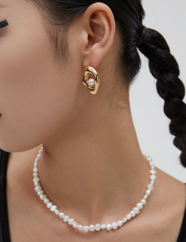Asymmetric Rhombus 18k Gold Pearl Earrings - Pearlpetual