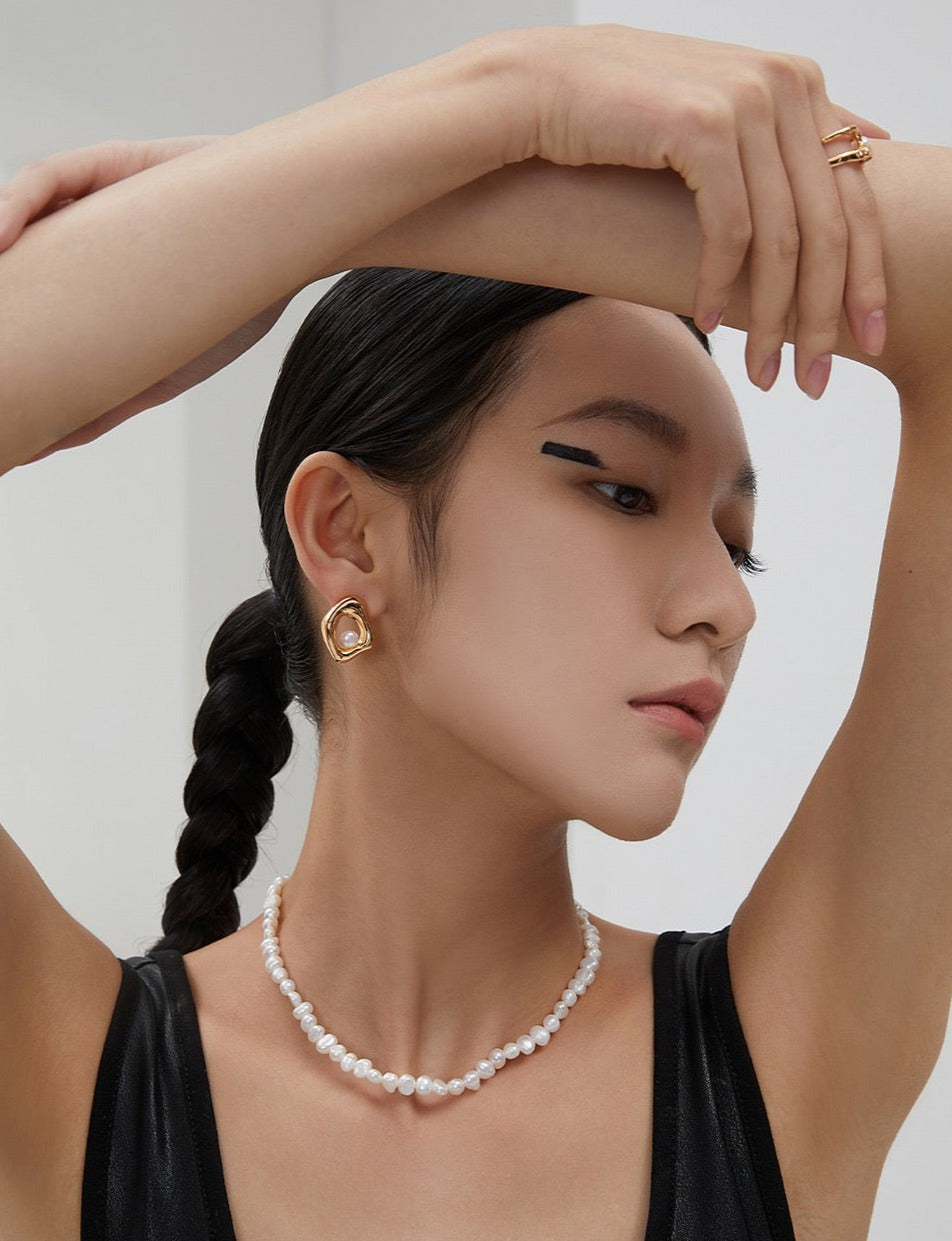 Asymmetric Rhombus 18k Gold Pearl Earrings - Pearlpetual