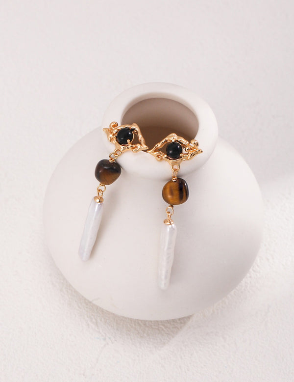 Boho Tiger's Eye 18k Gold Baroque Pearl Earrings - Pearlpetual