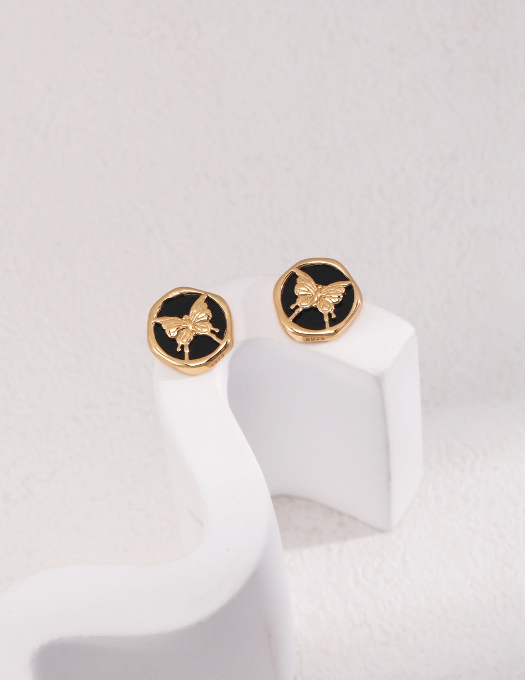Butterfly Black Enamel 18k Gold Ear Studs - Pearlpetual