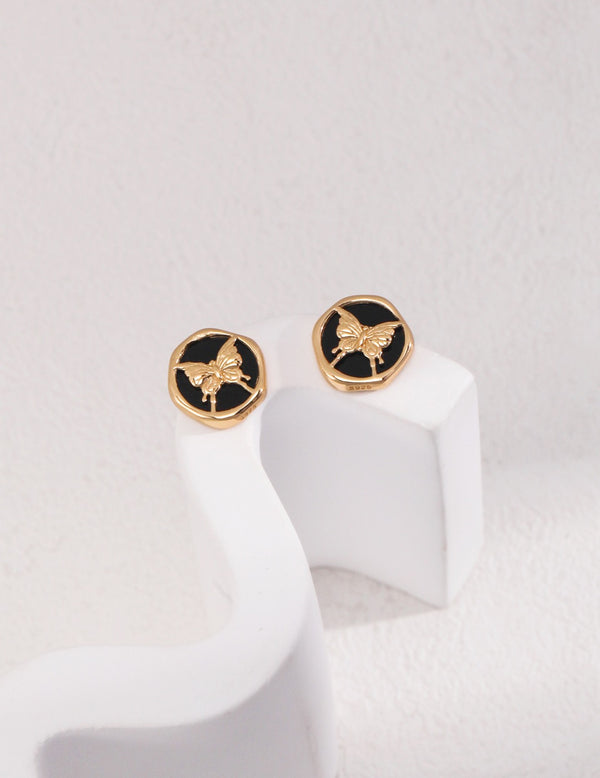 Butterfly Black Enamel 18k Gold Ear Studs - Pearlpetual