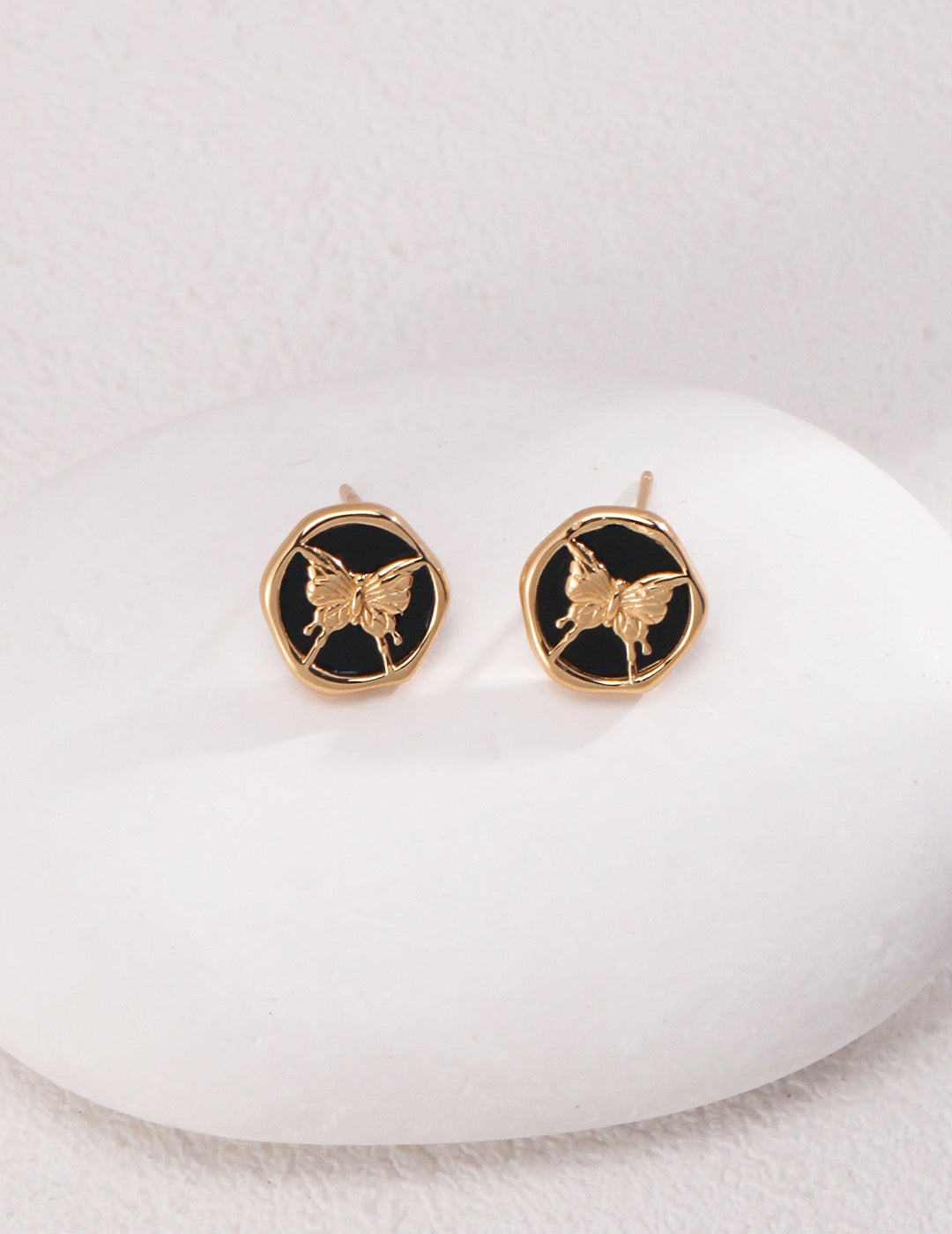 Butterfly Black Enamel 18k Gold Ear Studs - Pearlpetual