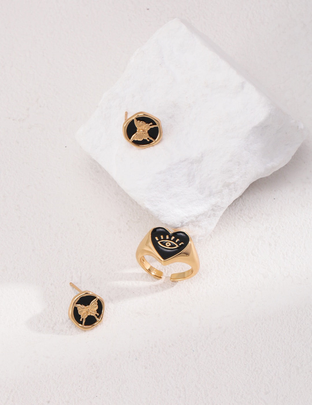 Butterfly Black Enamel 18k Gold Ear Studs - Pearlpetual