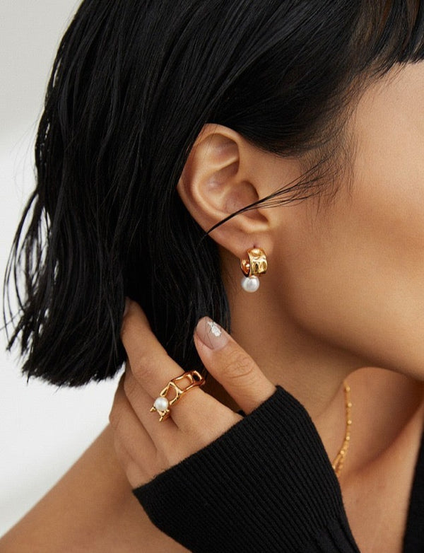 Wide Hoop 18k Gold Pearl Earrings - Pearlpetual